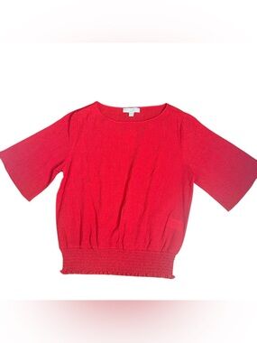 MICHAEL KORS Scarlet Red Ribbed Scoop Neck Smocked-Hem Top Wide Flowy Sleeve M